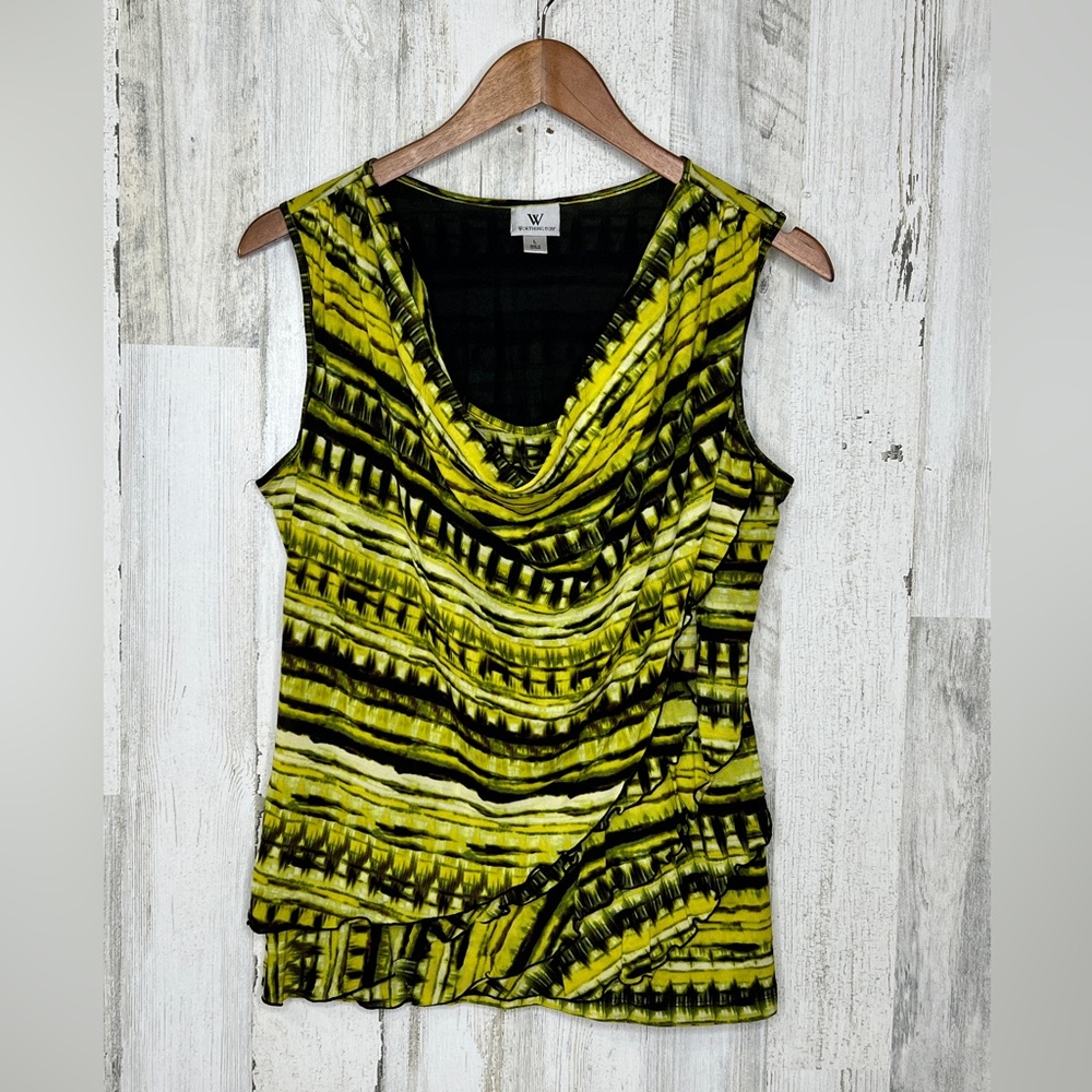 Worthington Women's Drape Neck Abstract Tiered Ruffle Top Yellow Black Size L